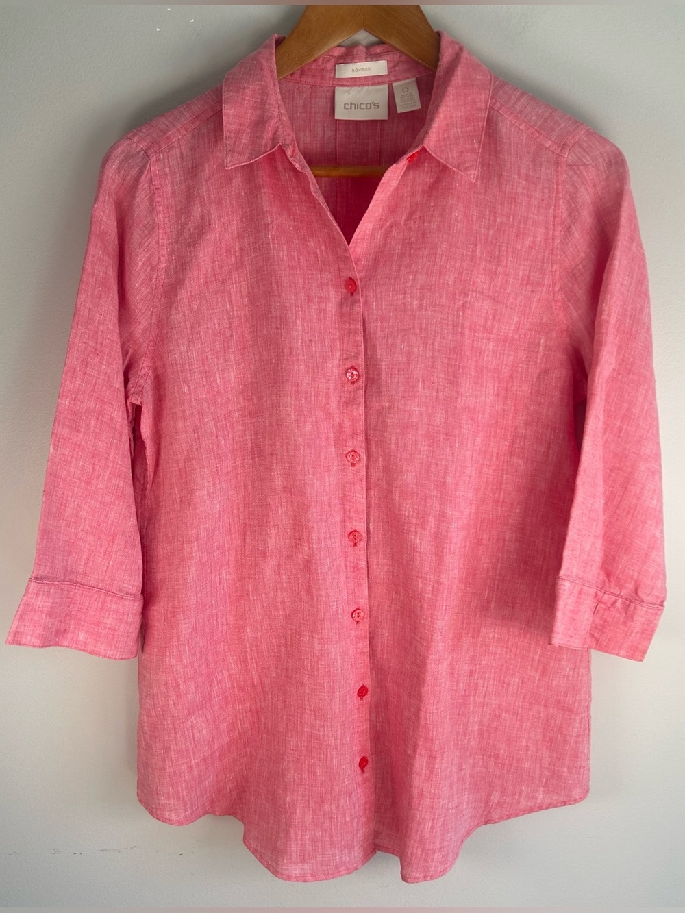 Chico's Women’s Button Front Tunic Flowy 3/4  Sleeves Sz 0 I00% Linen Pink NWOT